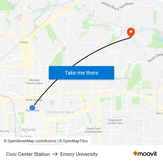 Civic Center Station to Emory University map