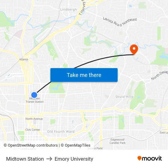 Midtown Station to Emory University map
