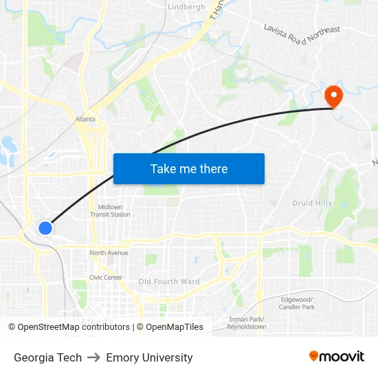 Georgia Tech to Emory University map