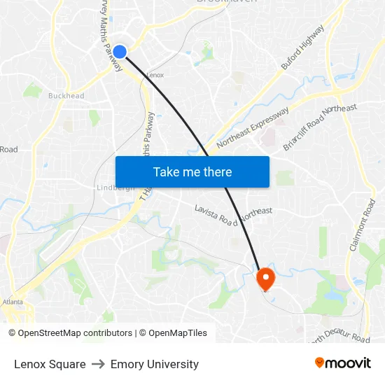 Lenox Square to Emory University map