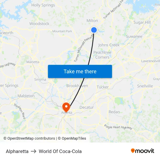 Alpharetta to World Of Coca-Cola map