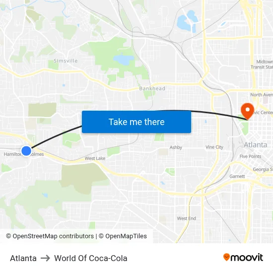 Atlanta to World Of Coca-Cola map