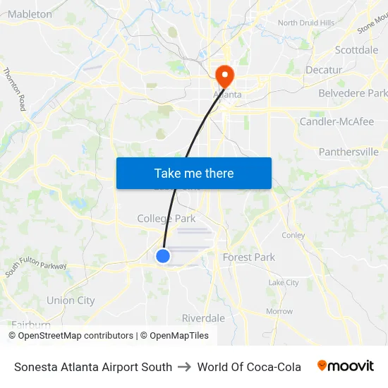 Sonesta Atlanta Airport South to World Of Coca-Cola map