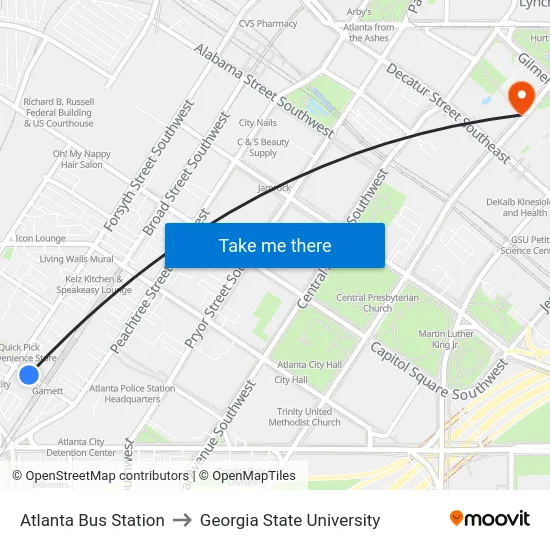 Atlanta Bus Station to Georgia State University map