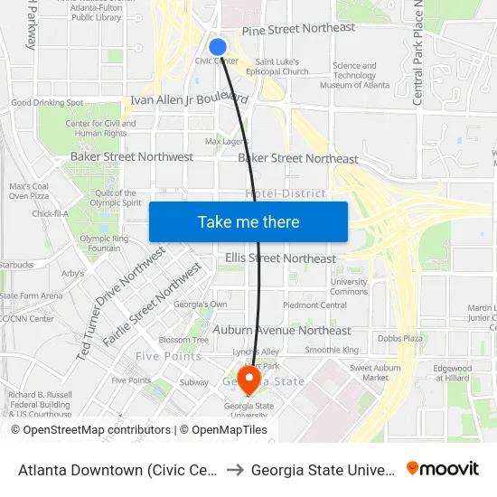 Atlanta Downtown (Civic Center) to Georgia State University map