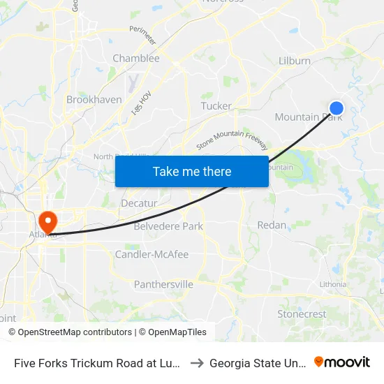 Five Forks Trickum Road at Lucerne Road to Georgia State University map
