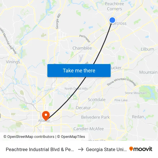 Peachtree Industrial Blvd & Peachtree Co to Georgia State University map