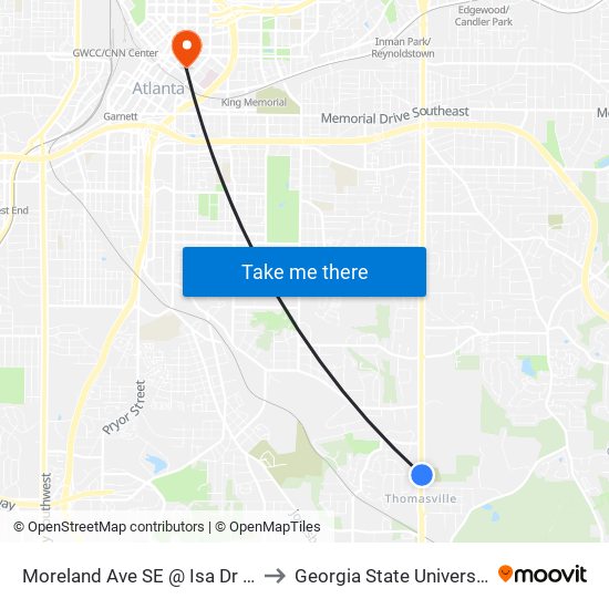 Moreland Ave SE @ Isa Dr SE to Georgia State University map