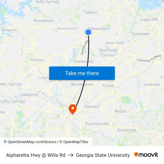 Alpharetta Hwy @ Wills Rd to Georgia State University map