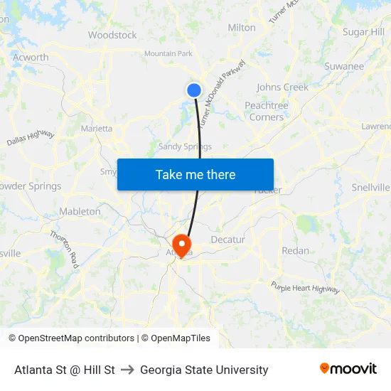 Atlanta St @ Hill St to Georgia State University map