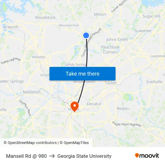 Mansell Rd @ 980 to Georgia State University map
