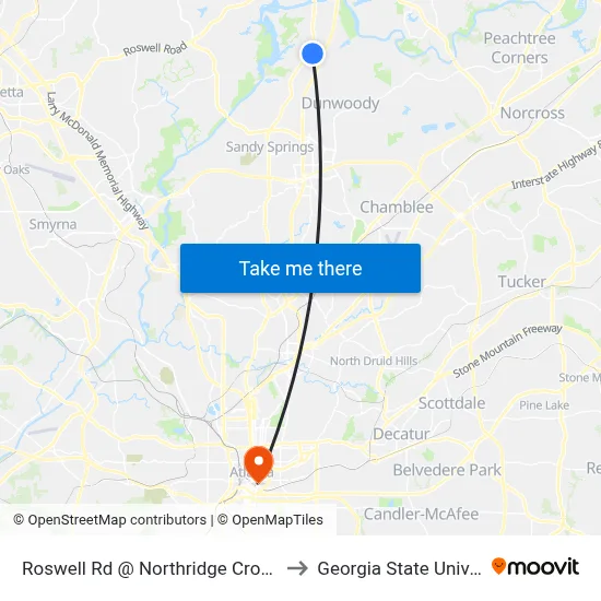 Roswell Rd @ Northridge Crossing Dr to Georgia State University map