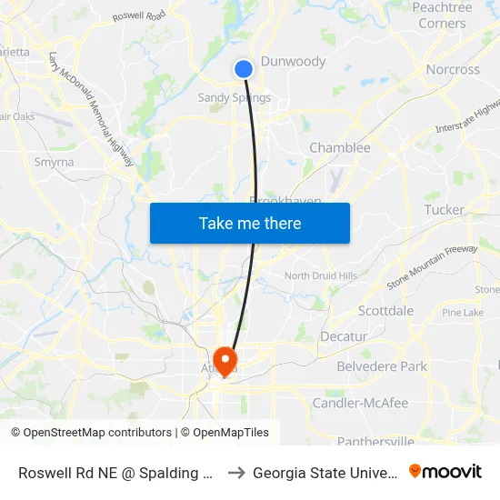 Roswell Rd NE @ Spalding Dr NE to Georgia State University map