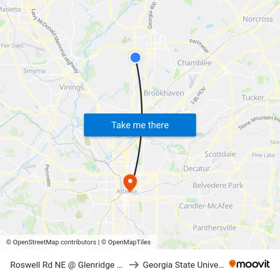 Roswell Rd NE @ Glenridge Dr NE to Georgia State University map