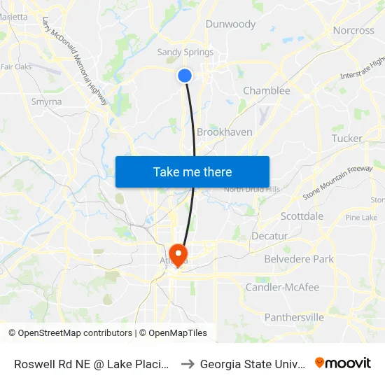 Roswell Rd NE @ Lake Placid Dr NE to Georgia State University map