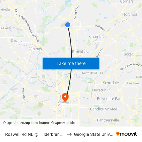 Roswell Rd NE @ Hilderbrand Dr NE to Georgia State University map