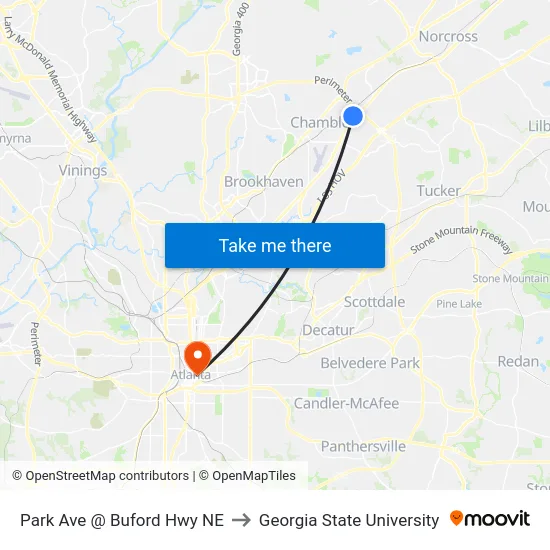 Park Ave @ Buford Hwy NE to Georgia State University map