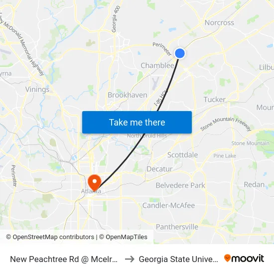 New Peachtree Rd @ Mcelroy Rd to Georgia State University map