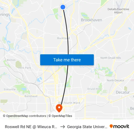Roswell Rd NE @ Wieuca Rd NE to Georgia State University map