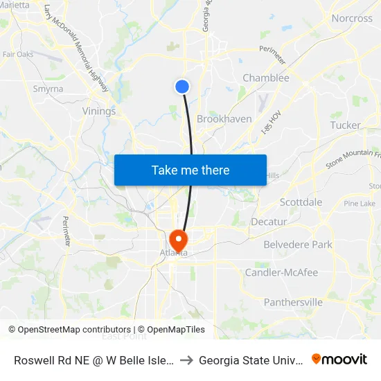 Roswell Rd NE @ W Belle Isle Rd NE to Georgia State University map