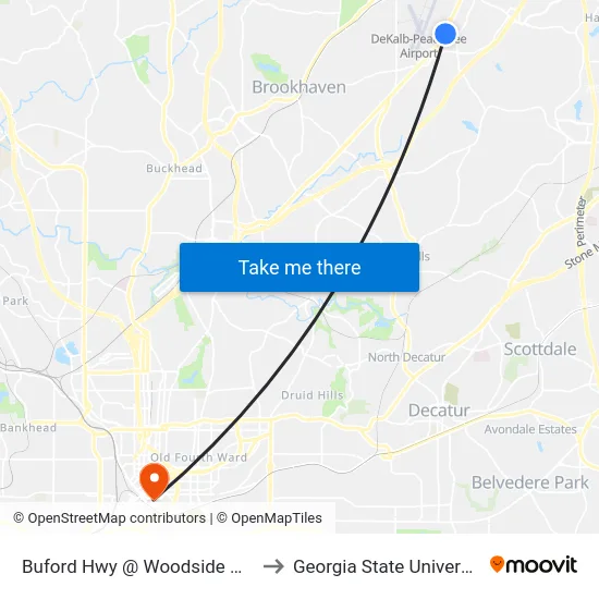 Buford Hwy @ Woodside Way to Georgia State University map