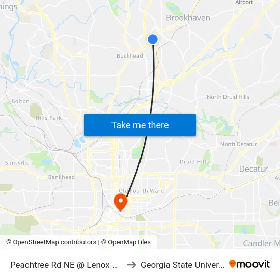 Peachtree Rd NE @ Lenox Pkwy to Georgia State University map