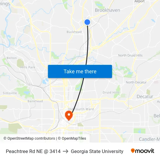Peachtree Rd NE @ 3414 to Georgia State University map