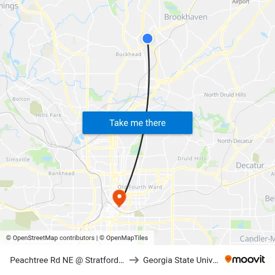 Peachtree Rd NE @ Stratford Rd NE to Georgia State University map