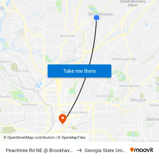 Peachtree Rd NE @ Brookhaven Dr NE to Georgia State University map