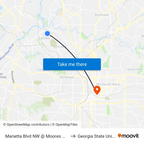 Marietta Blvd NW @ Moores Mill Rd NW to Georgia State University map