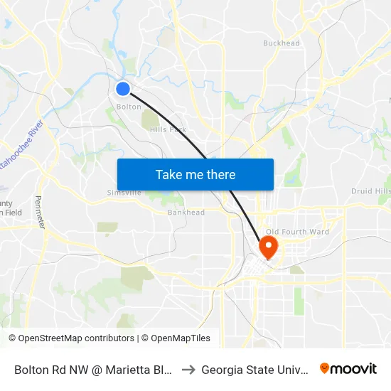 Bolton Rd NW @ Marietta Blvd NW to Georgia State University map