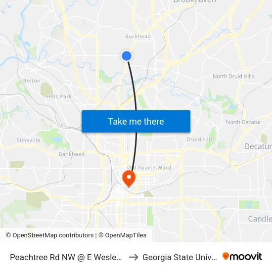 Peachtree Rd NW @ E Wesley Rd NE to Georgia State University map