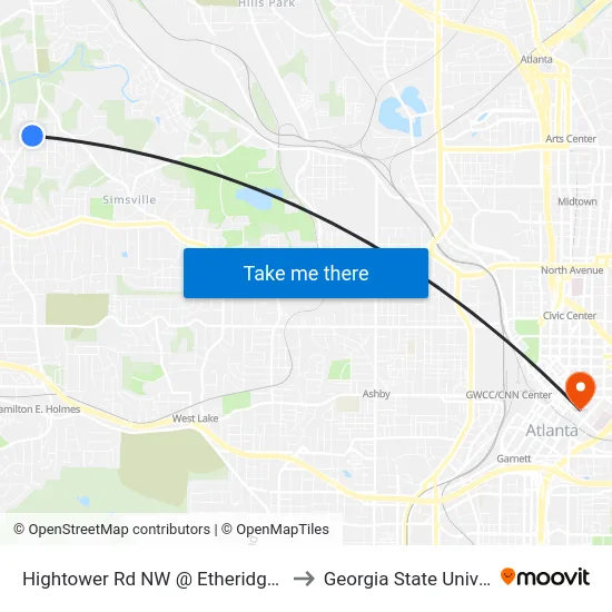 Hightower Rd NW @ Etheridge Dr NW to Georgia State University map