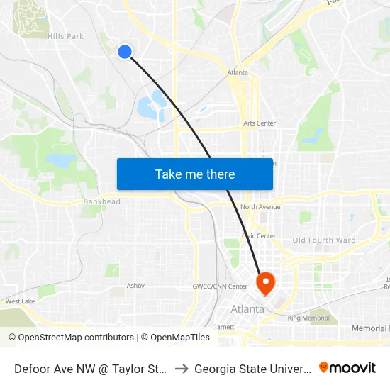 Defoor Ave NW @ Taylor St NW to Georgia State University map