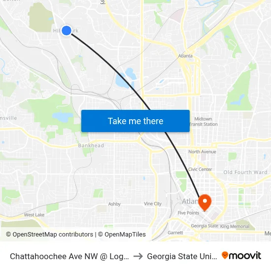 Chattahoochee Ave NW @ Logan Cir NW to Georgia State University map