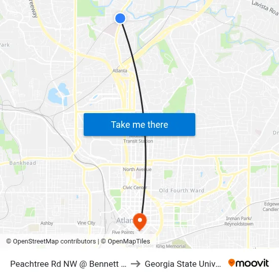 Peachtree Rd NW @ Bennett St NW to Georgia State University map