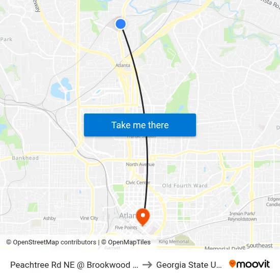 Peachtree Rd NE @ Brookwood Valley Cir NE to Georgia State University map