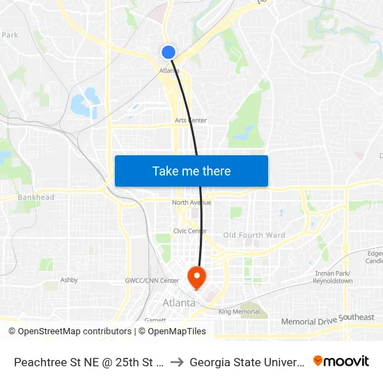 Peachtree St NE @ 25th St NW to Georgia State University map