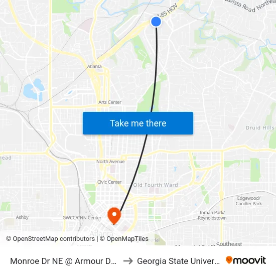 Monroe Dr NE @ Armour Dr NE to Georgia State University map
