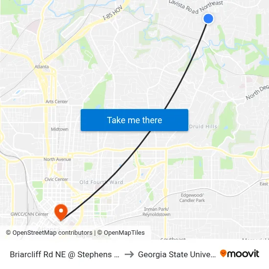 Briarcliff Rd NE @ Stephens Dr NE to Georgia State University map