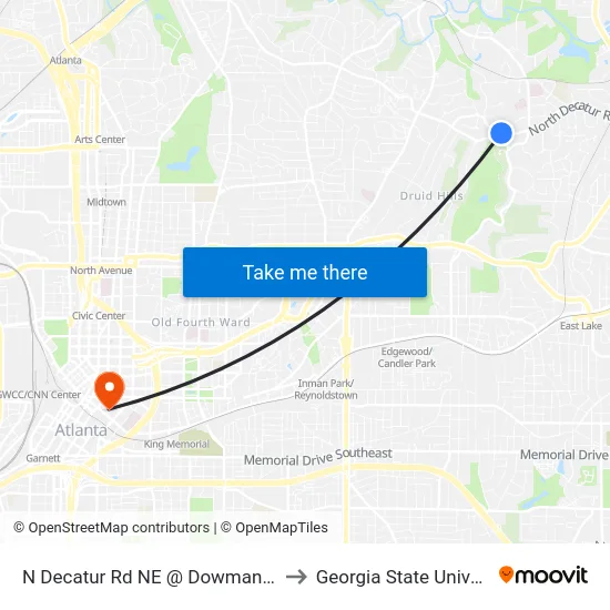N Decatur Rd NE @ Dowman Dr NE to Georgia State University map