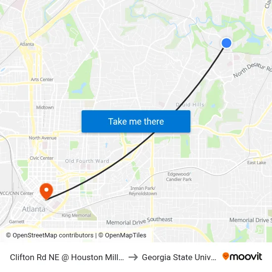 Clifton Rd NE @ Houston Mill Rd NE to Georgia State University map