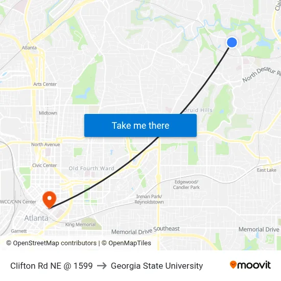 Clifton Rd NE @ 1599 to Georgia State University map