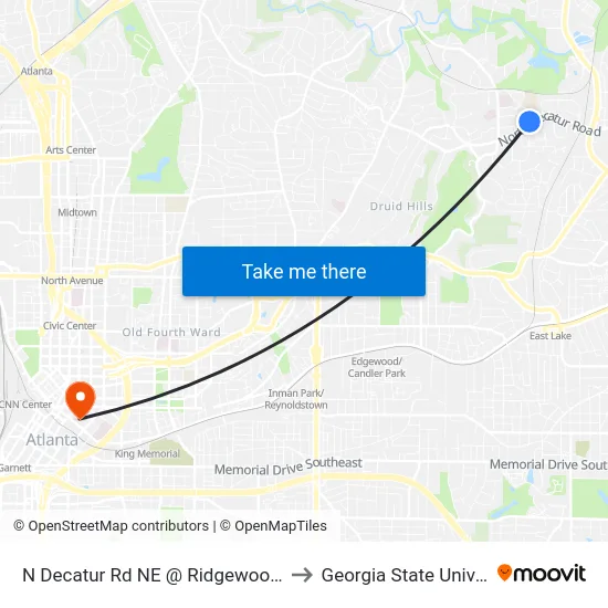 N Decatur Rd NE @ Ridgewood Dr NE to Georgia State University map