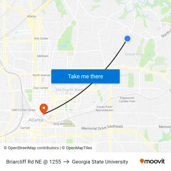 Briarcliff Rd NE @ 1255 to Georgia State University map