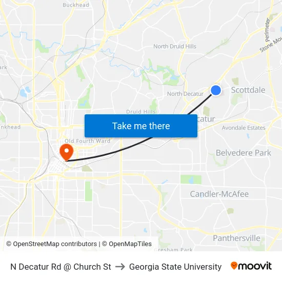 N Decatur Rd @ Church St to Georgia State University map