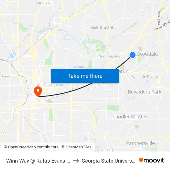 Winn Way @ Rufus Evans Dr to Georgia State University map