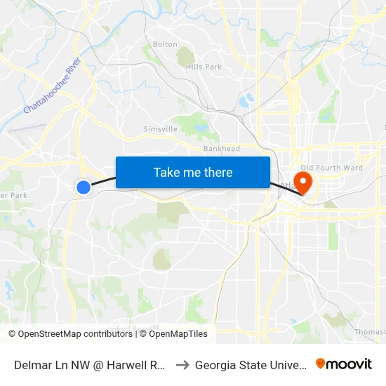 Delmar Ln NW @ Harwell Rd NW to Georgia State University map