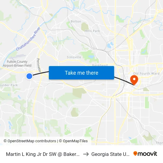 Martin L King Jr Dr SW @ Bakers Ferry Rd SW to Georgia State University map