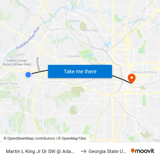 Martin L King Jr Dr SW @ Adamsville Dr SW to Georgia State University map